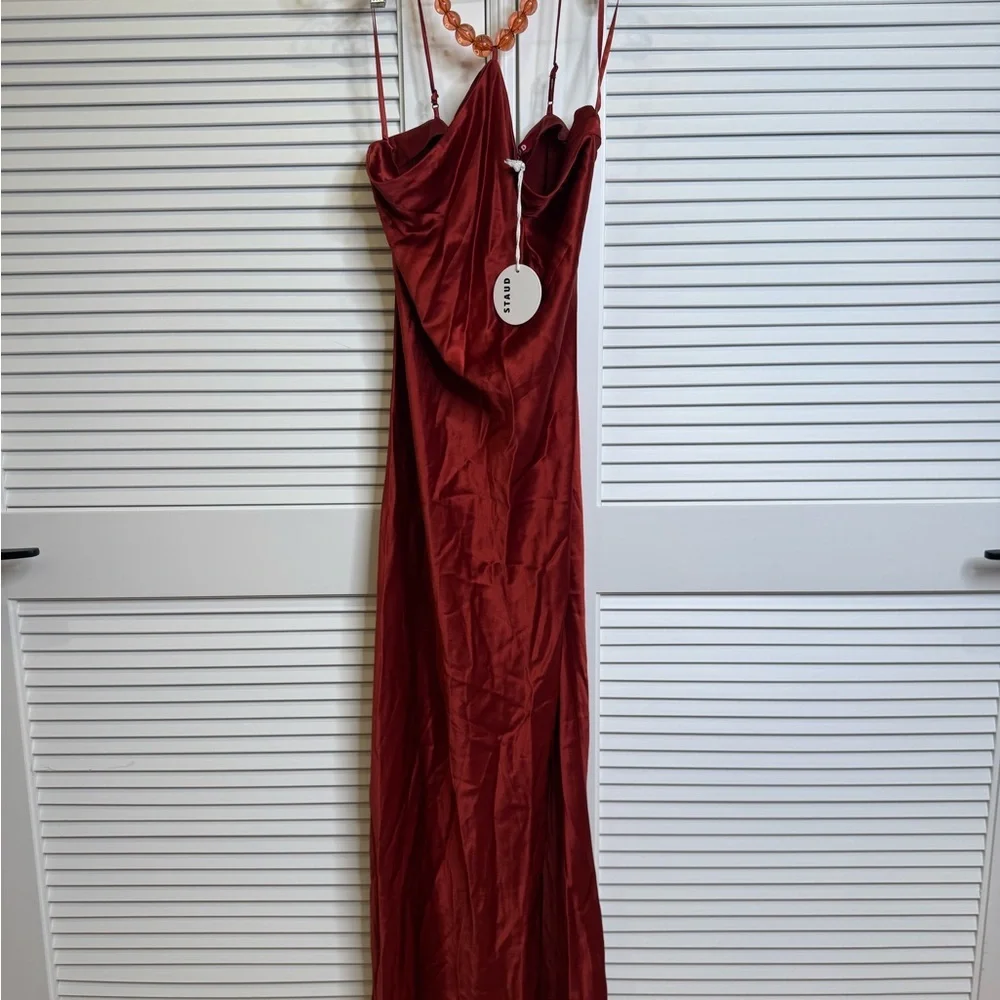 NWT STAUD Cadence Embellished Satin Maxi Dress Brick Retails $595 - Picture 9 of 9